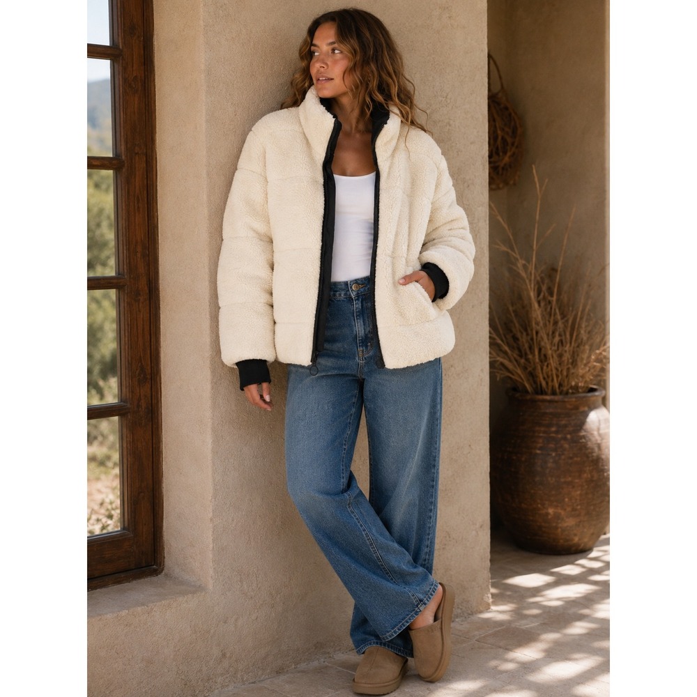 NVLT Womens Cream Faux Shearling Quilted Puffer Jacket R4340NVL Medium
